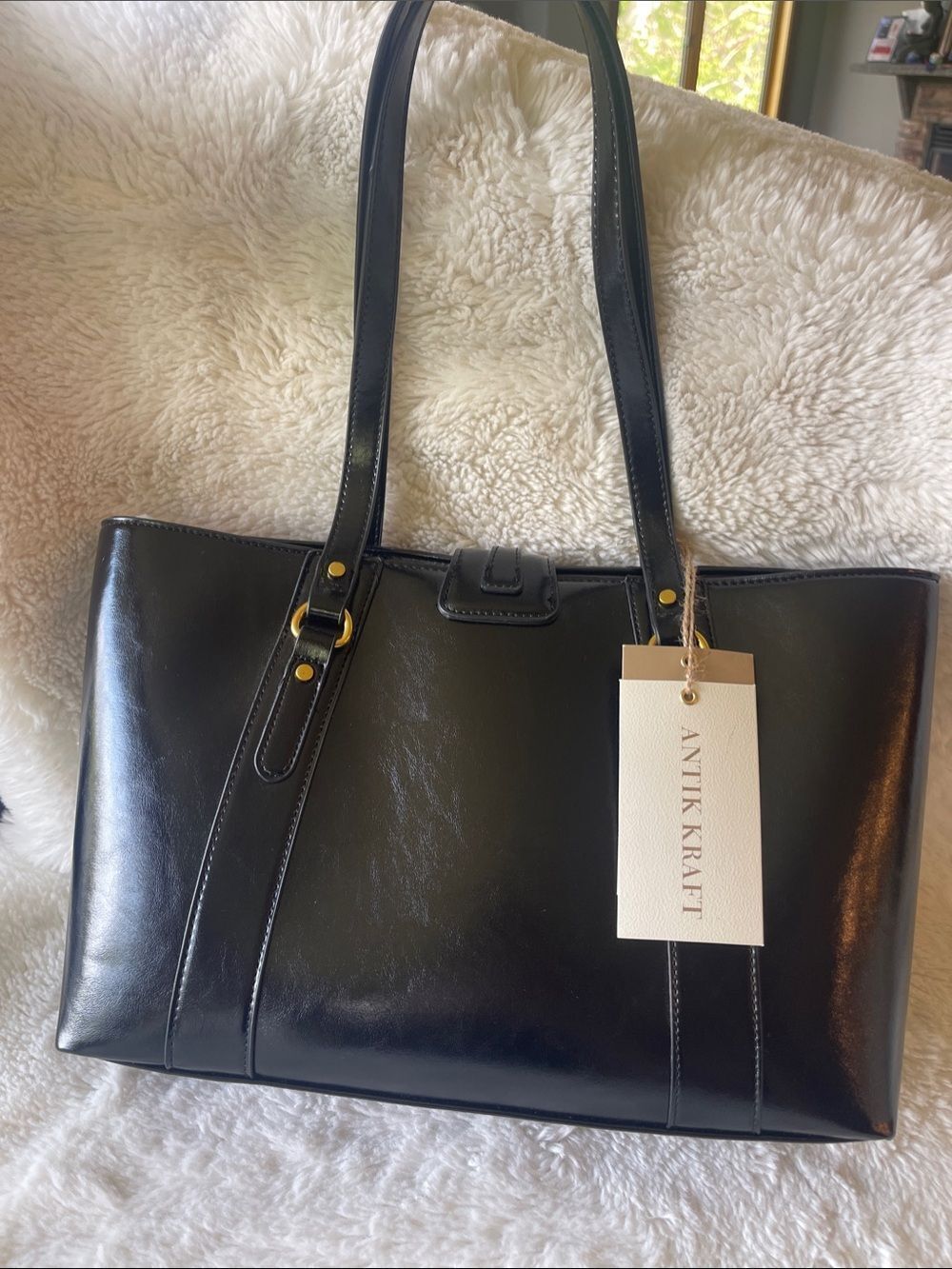 Antik Kraft Black Man-made Leather Tote with Gold Hardware